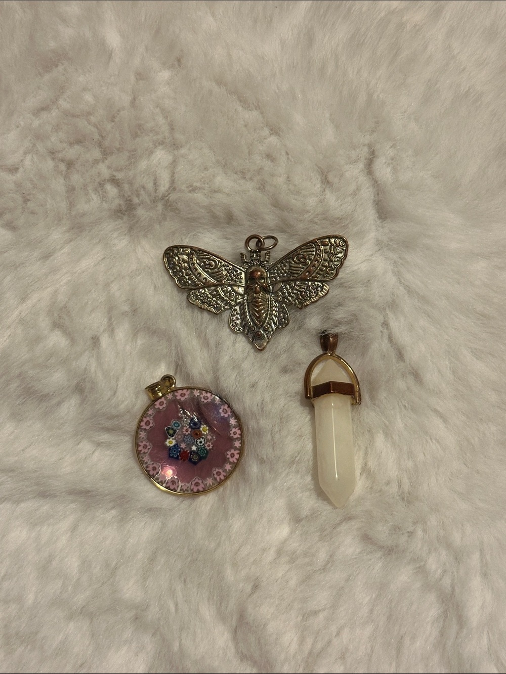 Pendant Trio [deathMoth, Pink Millefiori Disc & White quartz Crystal]
